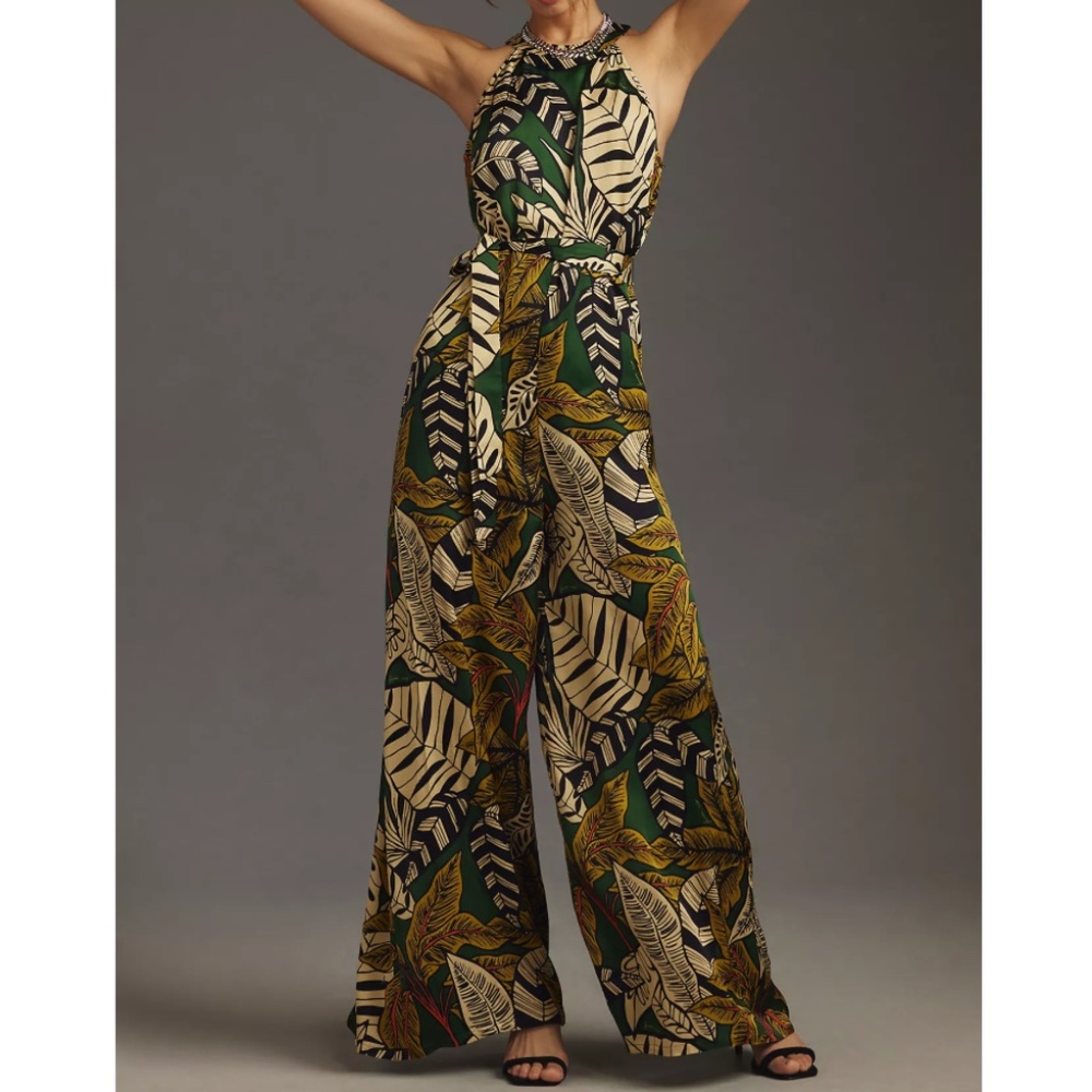 NWT | Farm Rio x Anthropologie Printed Halter Jumpsuit | Sz Large